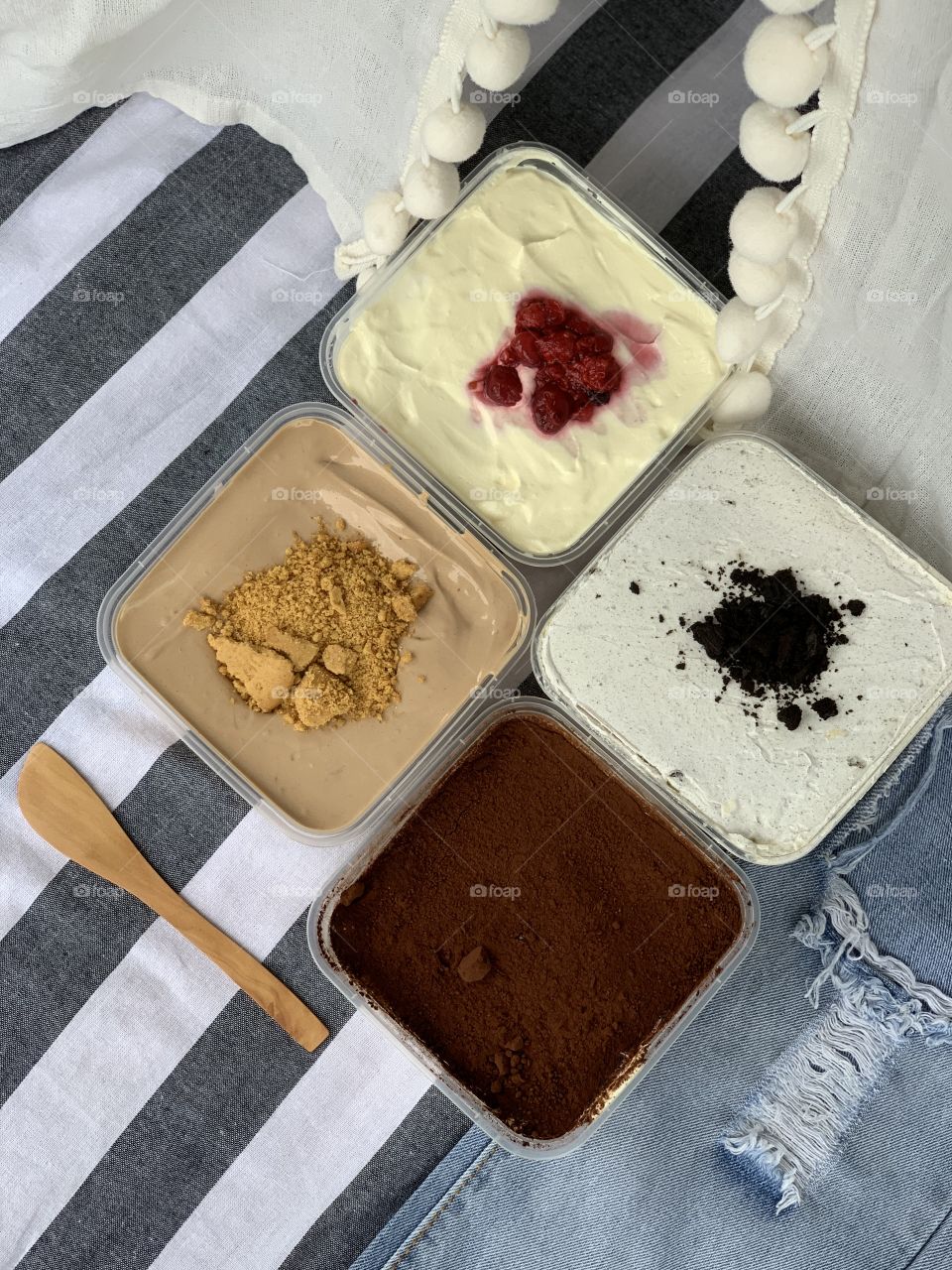 Four different flavours tiramisu Italian desserts 
