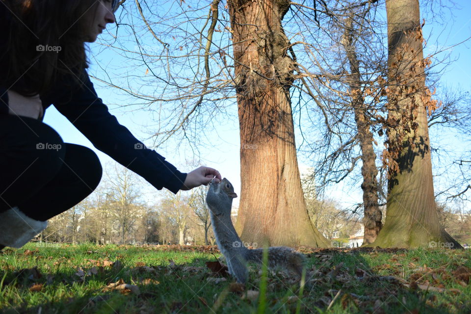 Girl playing with a squirrel