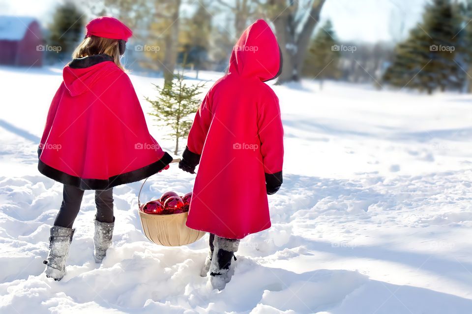 Little Girls in Red Coats with Christmas gifts in snow.
Rear view of two Caucasian female children walking with basket of red Christmas balls in the snow