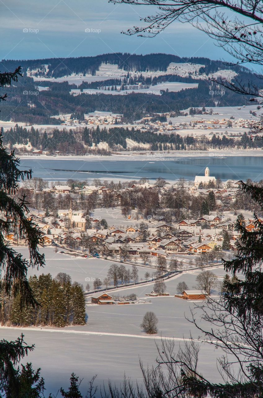 High angle view of a city during winter