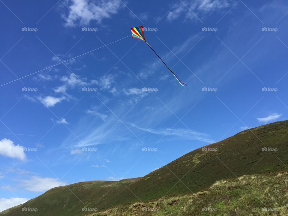 Kite flying in the blue sky in the summer, in the Gower, Wales