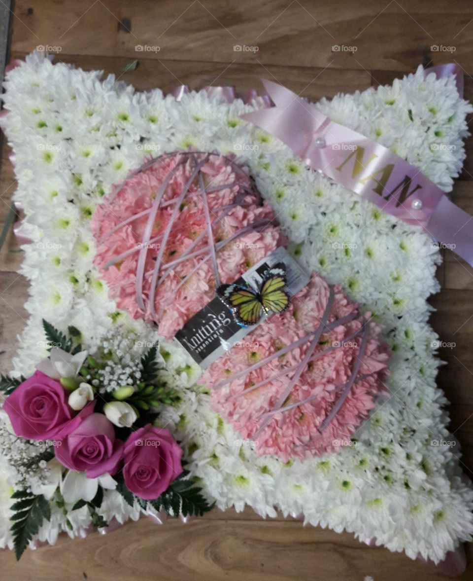 Ball of wool funeral flower tribute