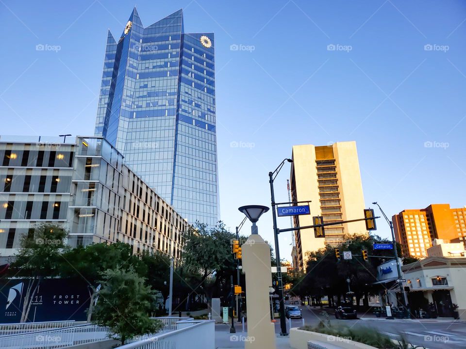 Frost Bank building in the distance with unique architecture