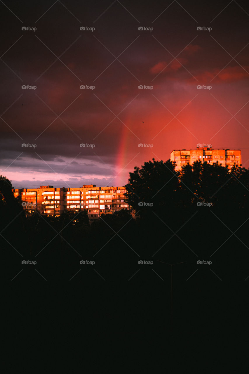 night photo of cities after rain, sunset time