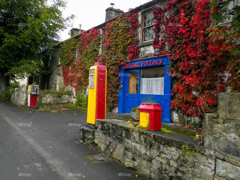 The first signs of autumn when leaves are turning red. What a beautiful sight! Image of street view and wall with autumn leaves.