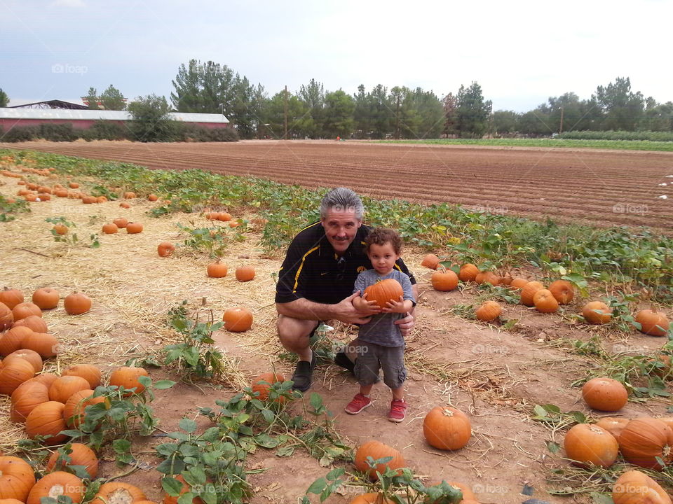 Grandpa and grandson in a pumpkin patch.