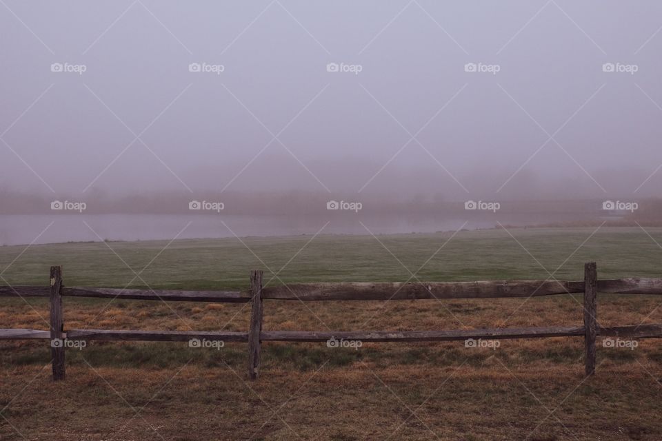 Foggy Landscape With Fence Line And Lake, Country Fence Landscape, The Great Outdoors, Fog 