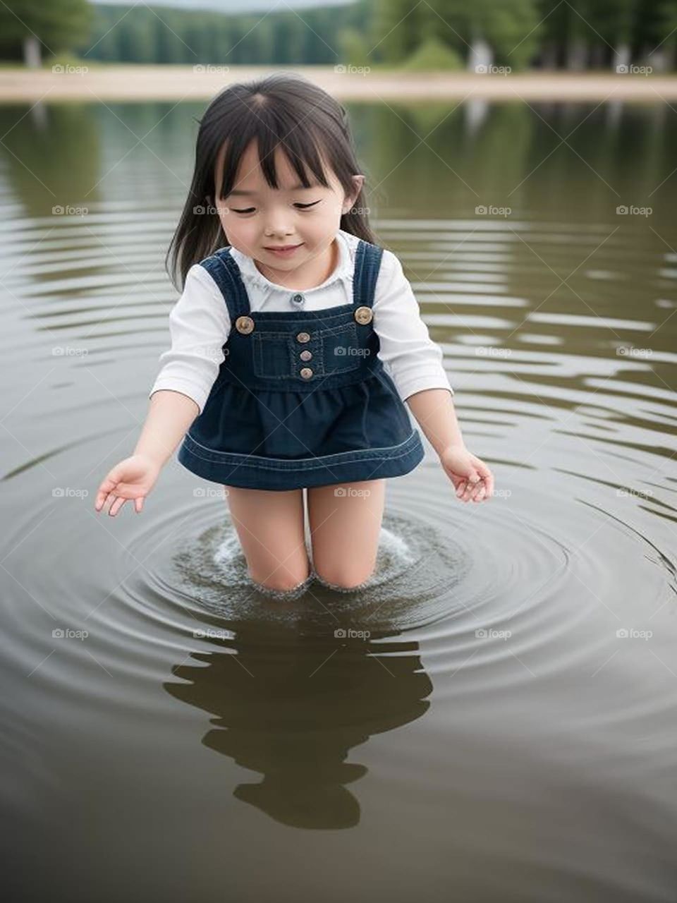 Cute little girl playing in the river