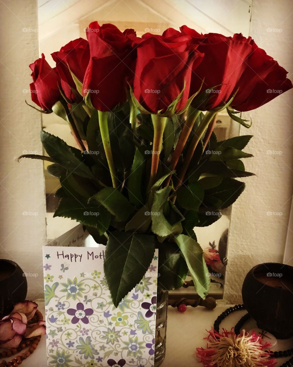 Dozen red roses, and card, for Mother’s Day  