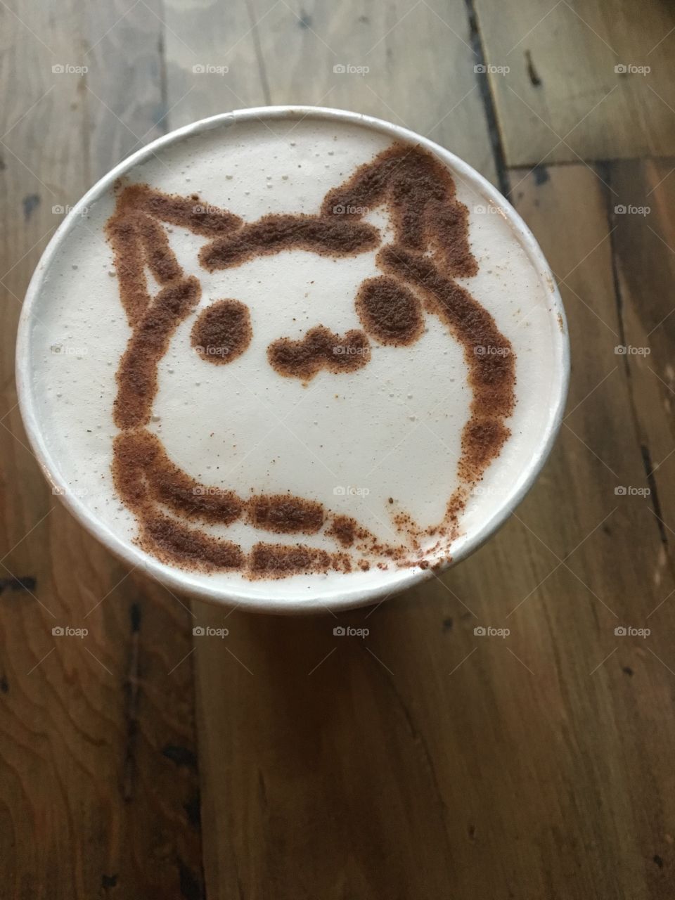 Cup of cat decorated coffee at a cat cafe 