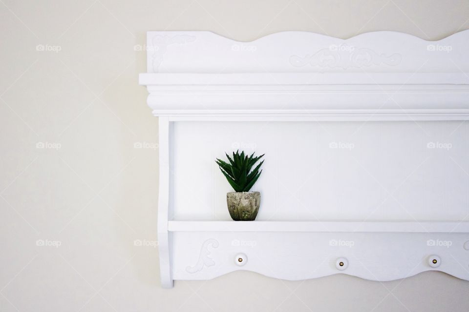 A small succulent in a stone pot on a white vintage-style shelf against a neutral colored wall - landscape