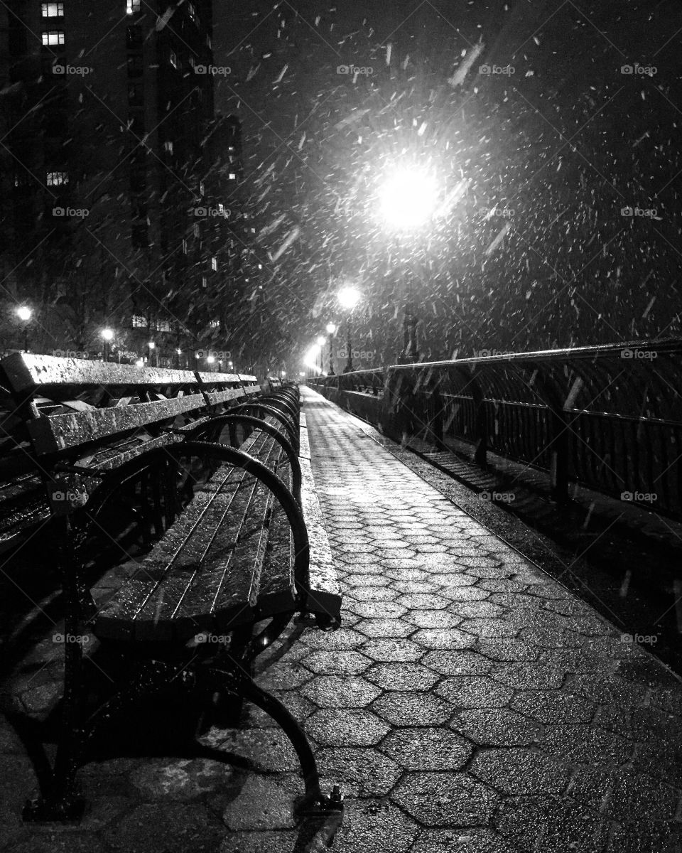 Black and white photo of a row of benches and lampposts while the snow is coming down 