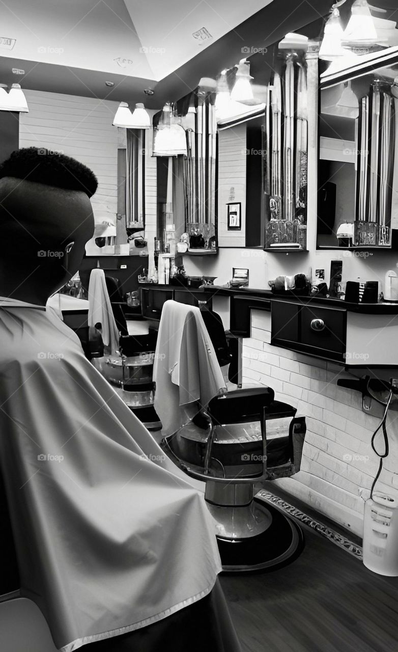 Pretty barber shop with customer, black and white photography