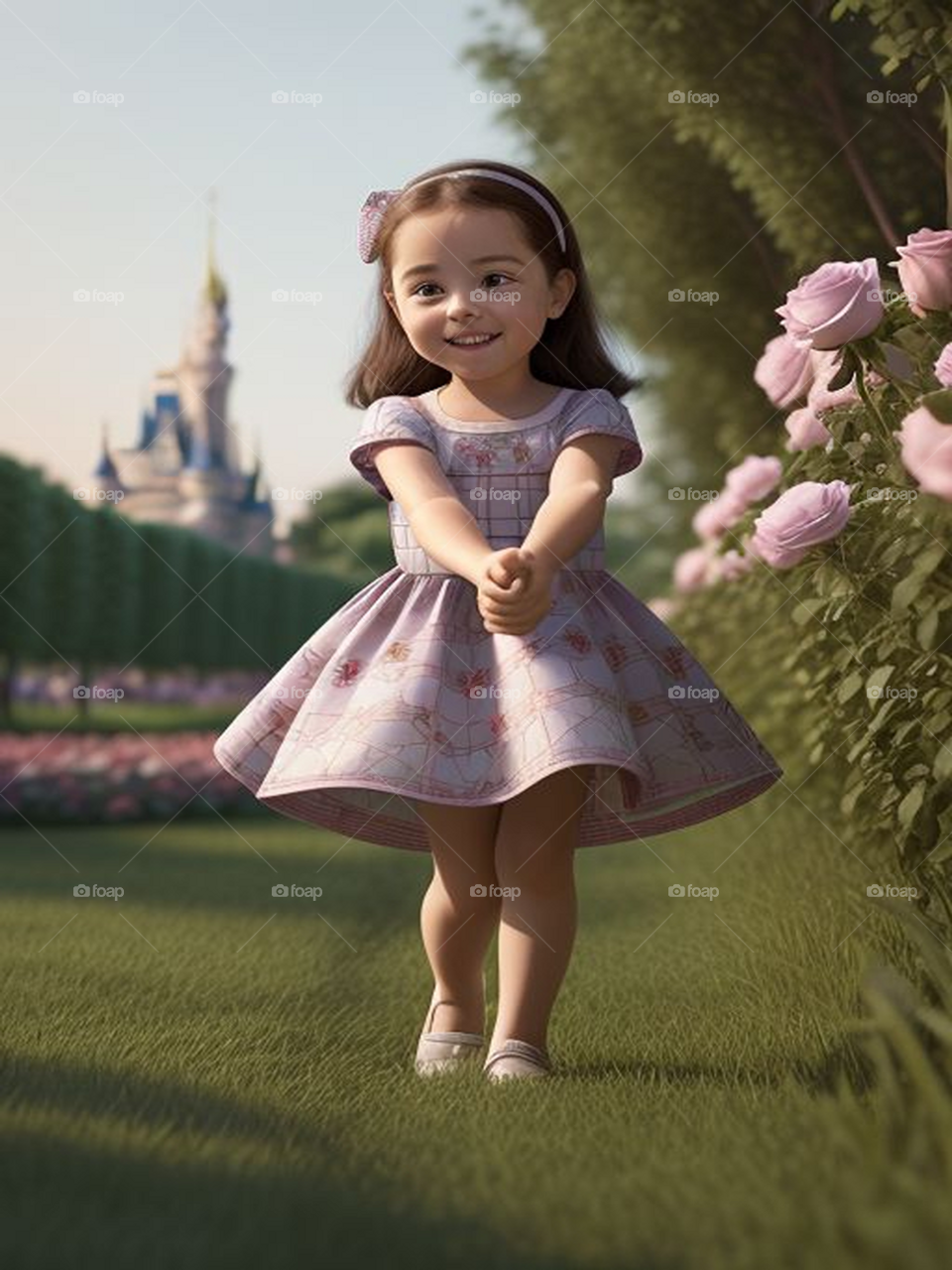 Beautiful girl playing among roses