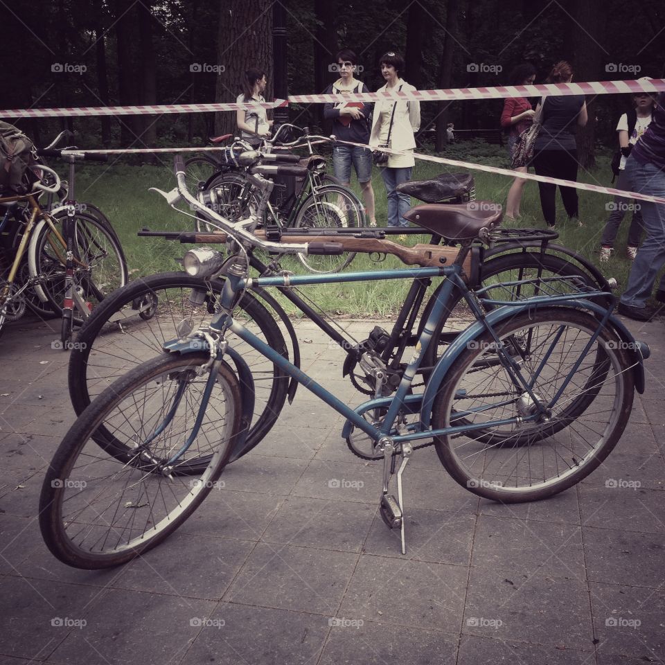 Different bicycles on a vintage bicycles exhibition in Moscow, Russia