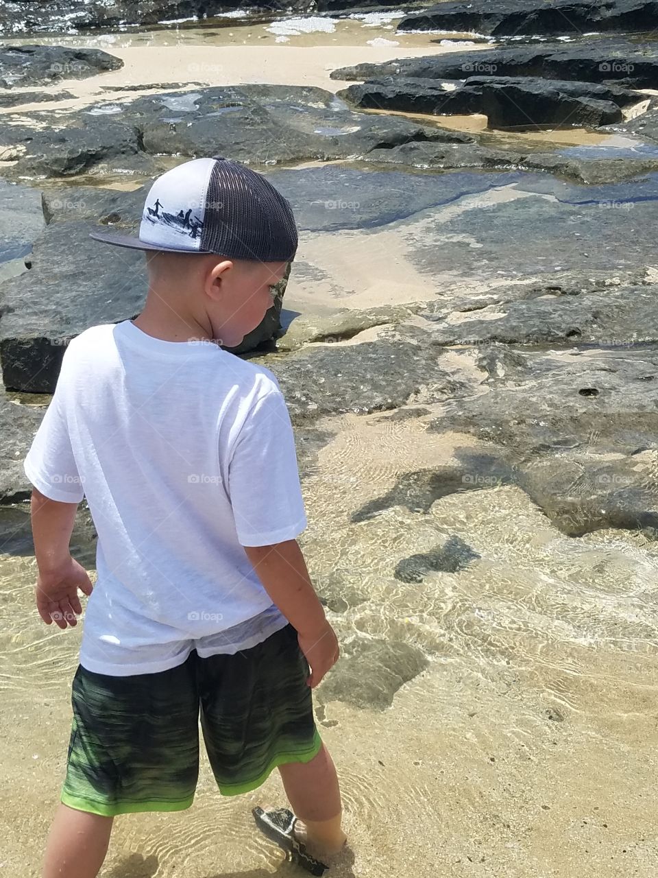 Boy checks out yodal pools in old lava beds