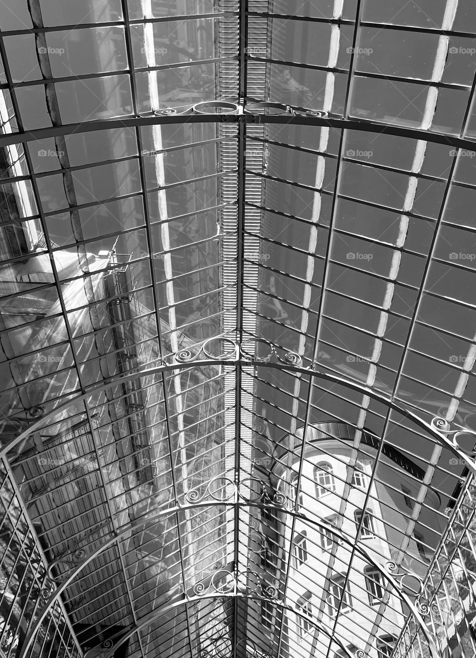 metal structure of the roof of a winter garden in Geneva, architecture in black and white 