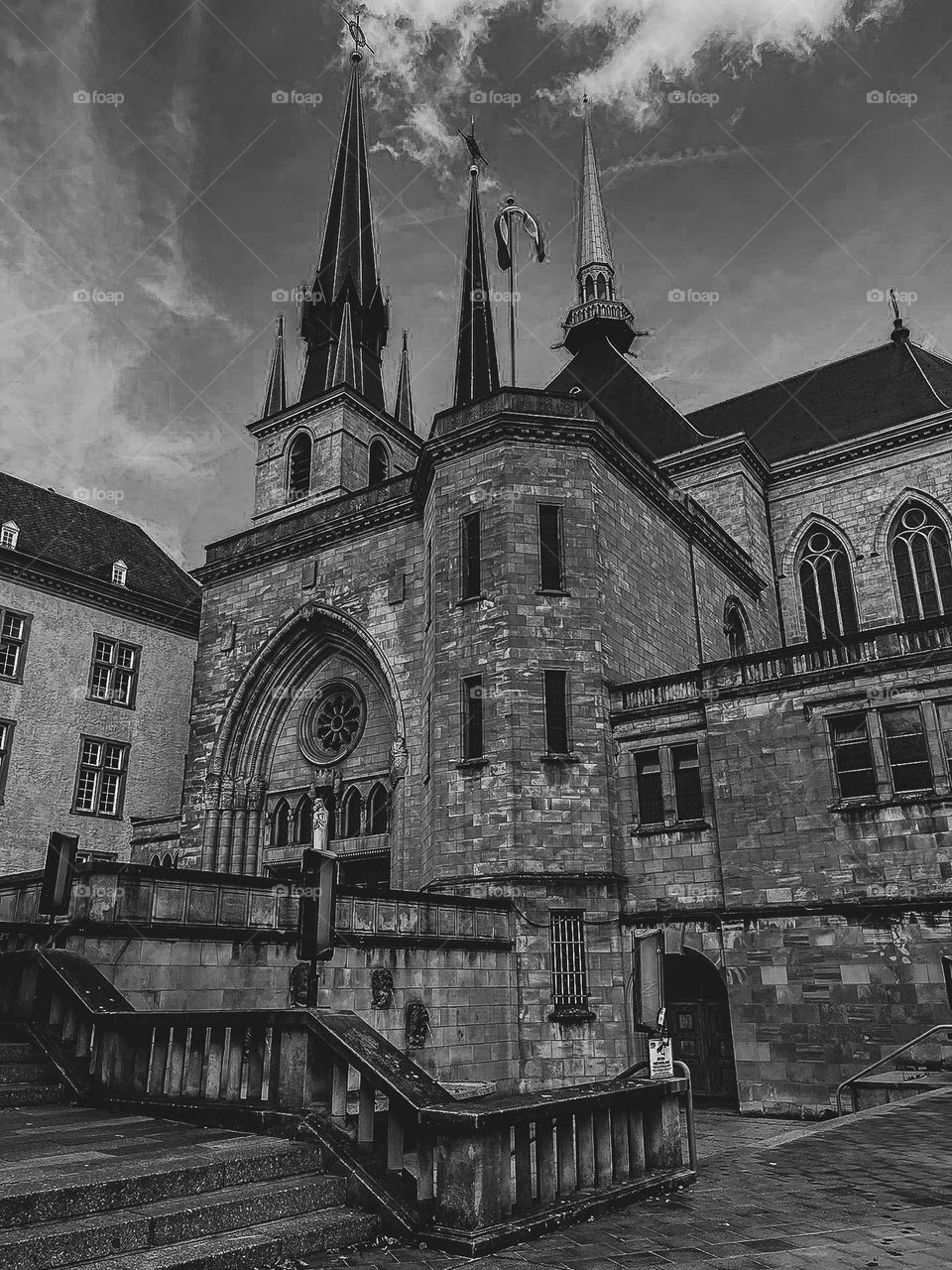 Beautiful view of the Notre Dame Cathedral in Luxembourg on a sunny summer day, close-up side view. Concept architecture of ancient castles and cathedrals.