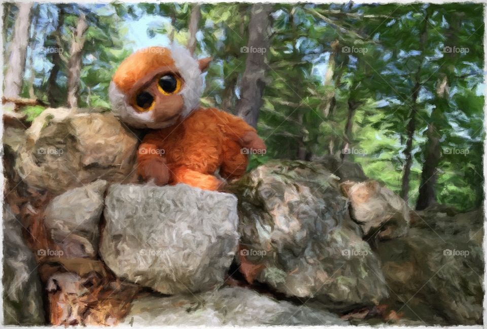 monkey on a rock wall. A stuffed animal monkey sitting on a rock wall in new England