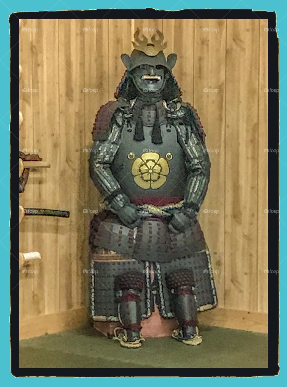 A Samurai tosei gusoku on display at a Japanese martial arts f dojo.