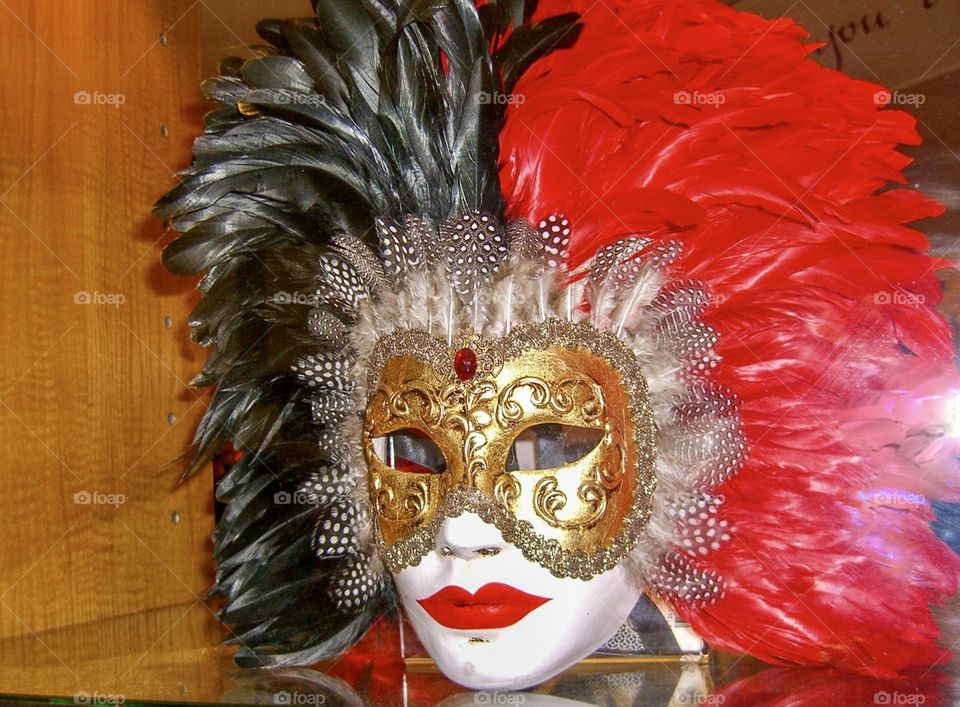 Typical Venice Carnaval mask. Red and black feathers with gold mask . Only one . 