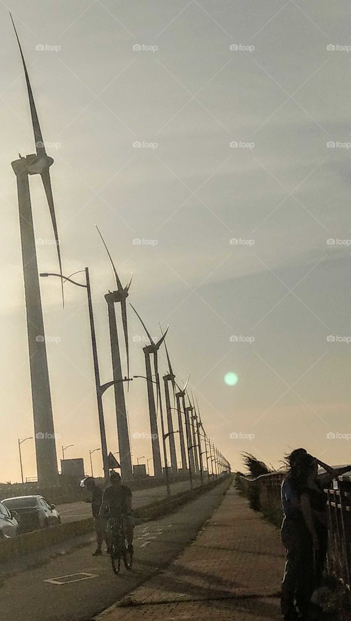 Silhouettes and shadows: windmill blvd.
backlighting at evening and strong wind at seaside.