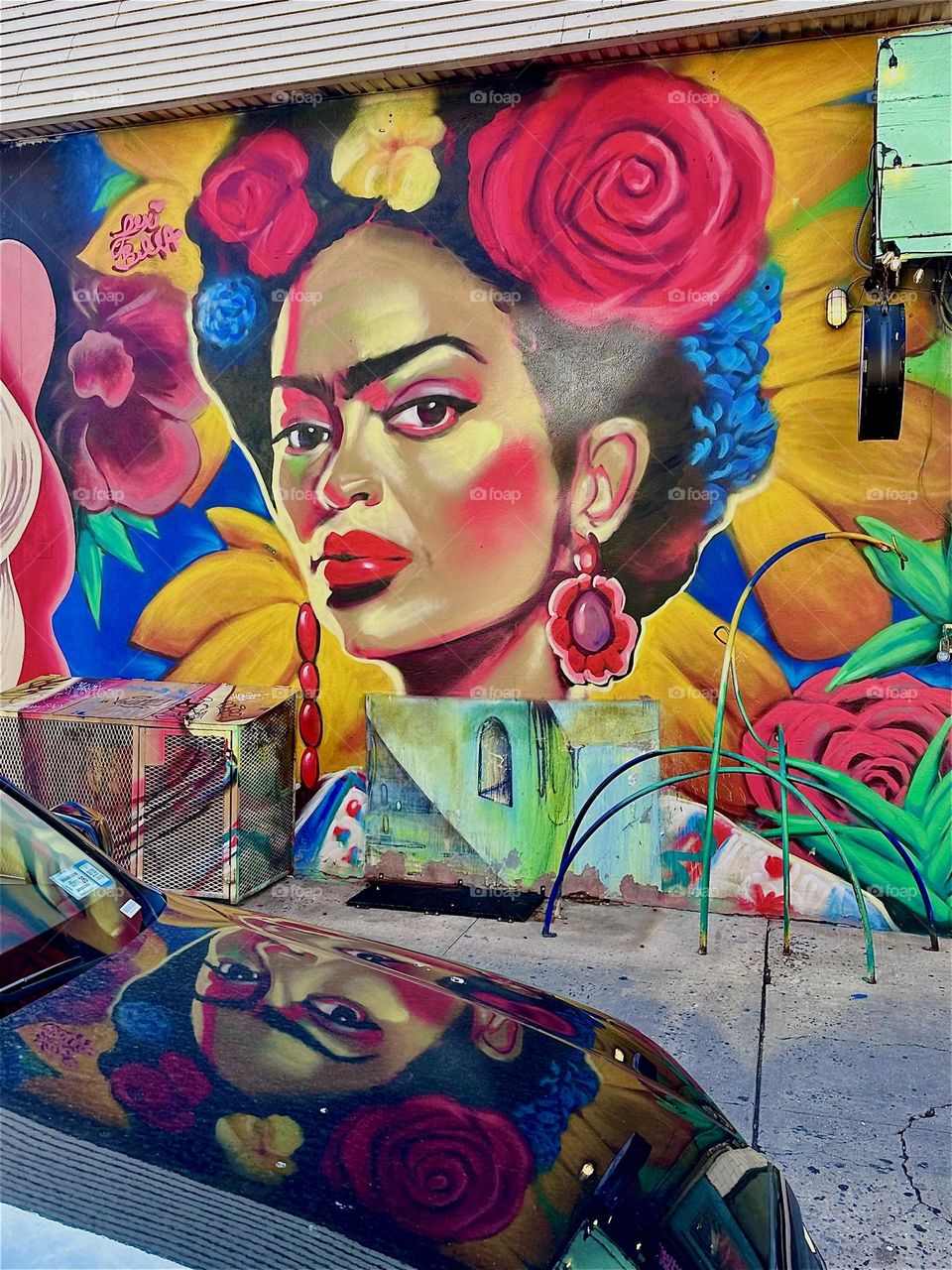 This African American Latina with flowers in her hair is part of a stunning colorful art mural next to “La Lupe”, the club and restaurant on “Jefferson Street” off “Broadway” and “Myrtle Avenue” in “Bushwick”, Brooklyn. 2024. Hypnotic Productions