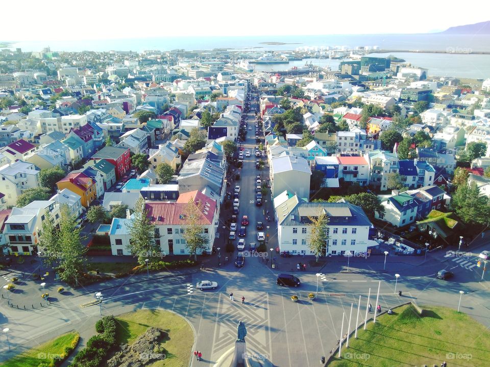 The streets of Reykjavik seen from above, from Hallgrímskirkja church