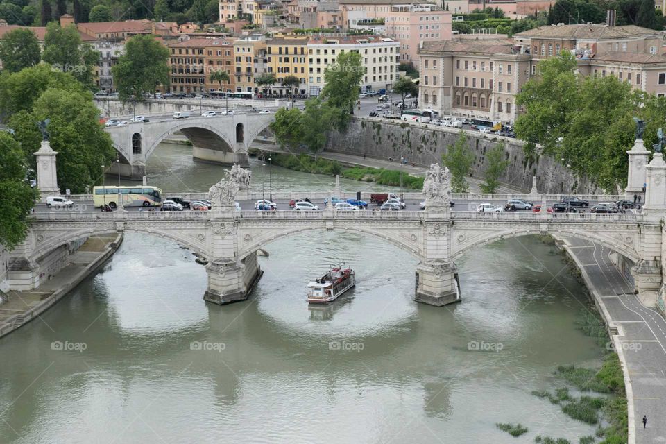 View of Roma Tiber river and Vittorio Emanuele II Bridge