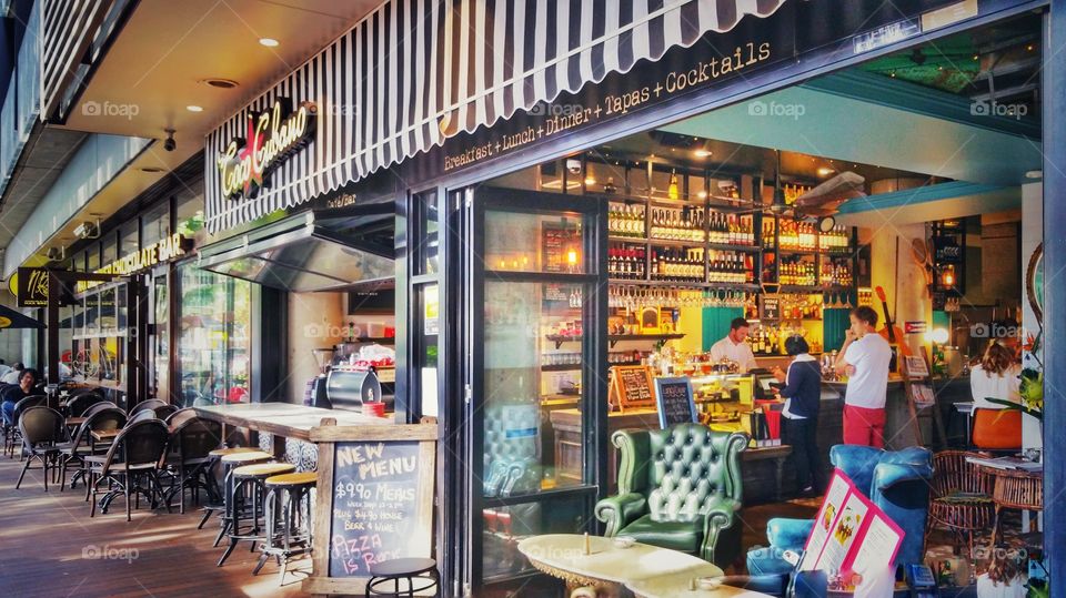 Store front at the Coco Cubano Cafe, University of New South Wales, Sydney, Australia. A relaxing atmosphere in old Cuban setting.