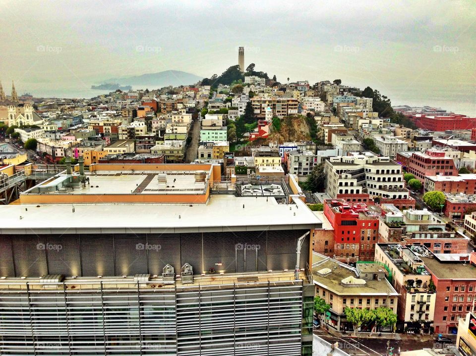 San Francisco downtown view with Coit tower in back hill 