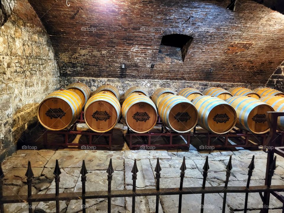 Wine barrels in a cellar at Hermannhof Winery in Hermann, Missouri during Summer