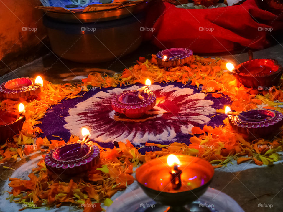 oil lamp with Rangoli design for celebration of the Indias biggest festival diwali.