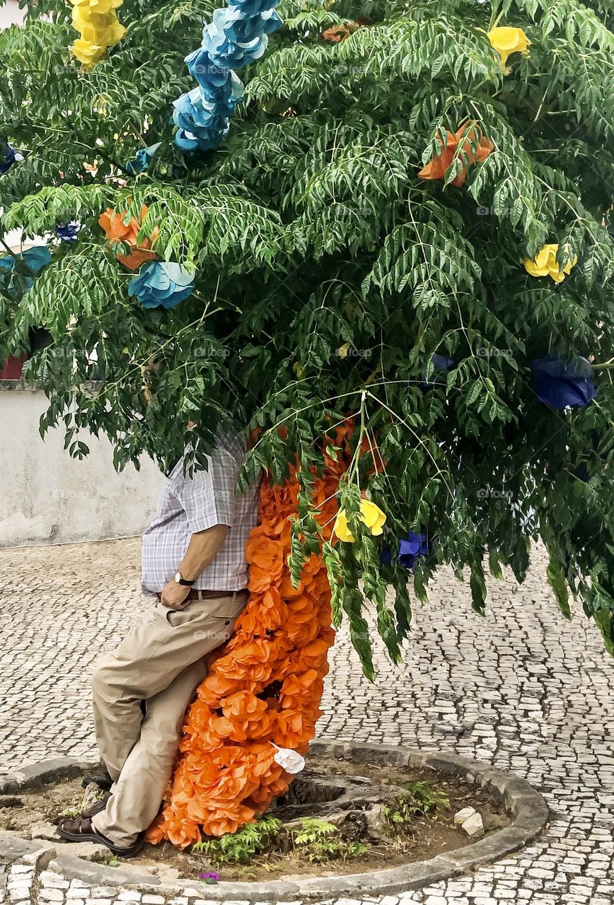 A man stands under a decorated tree, giving him the appearance of having a bushy, green mane of hair