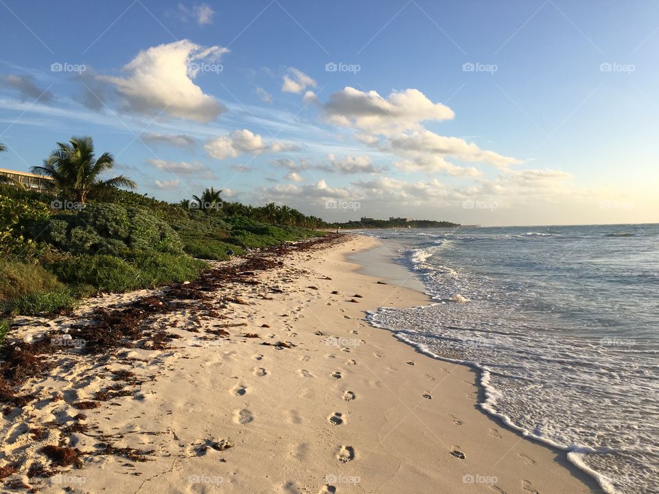 Walking on the beach early in the morning at the Grand Palladium resort in Mexico. 