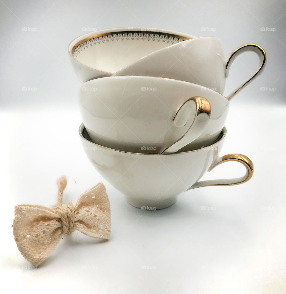 Vintage cups old porcelain cups beige cups with lace bow