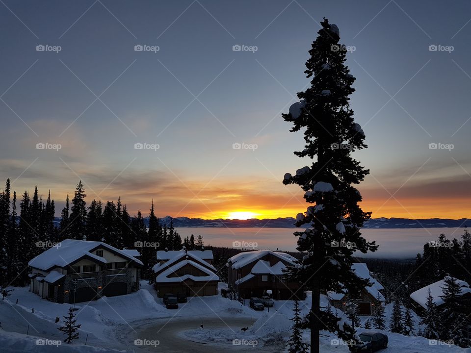 Sunrise from the chalet looking over the valley with inverted cloud layer