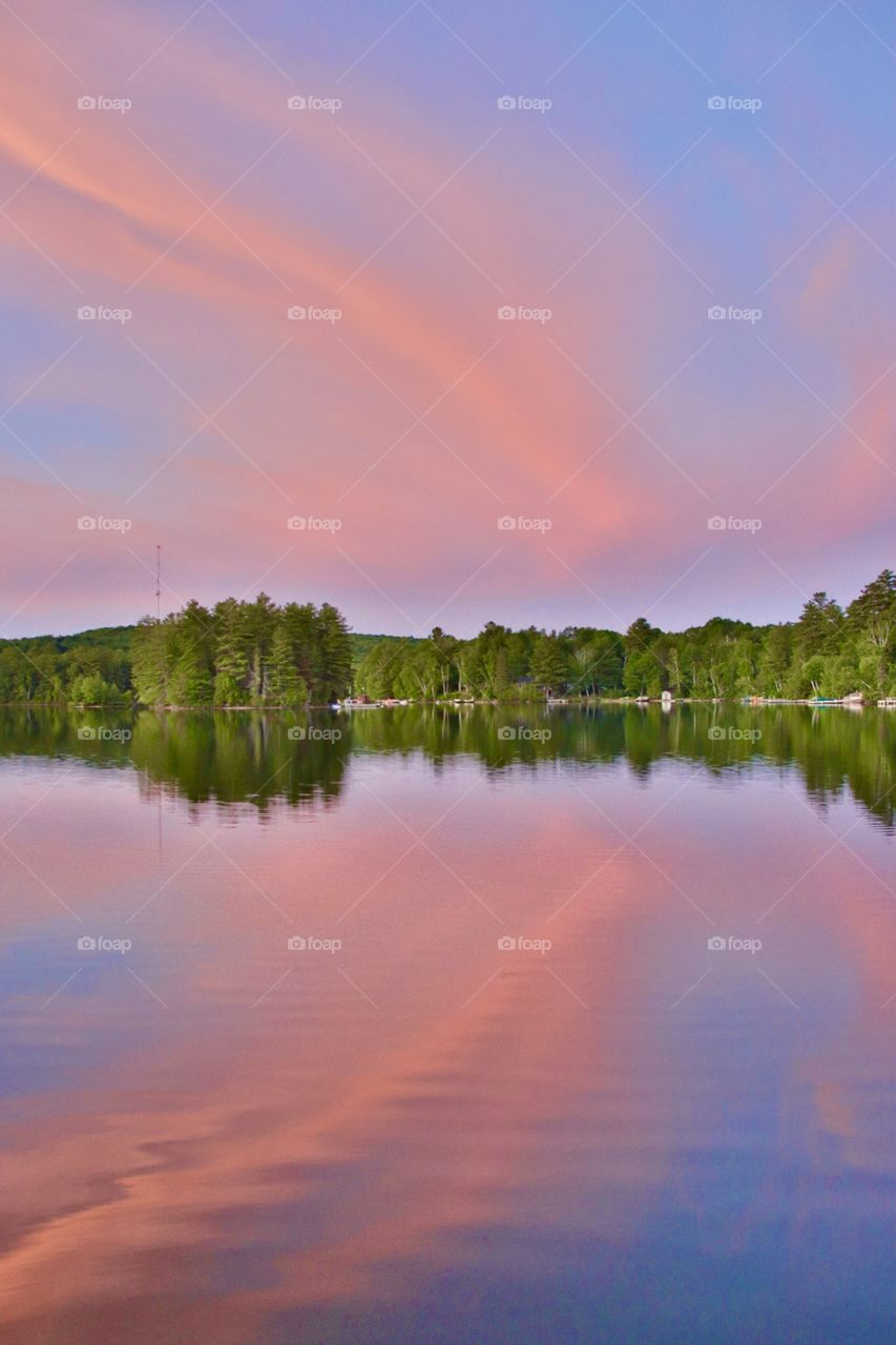 Green forest reflecting of and evening lake