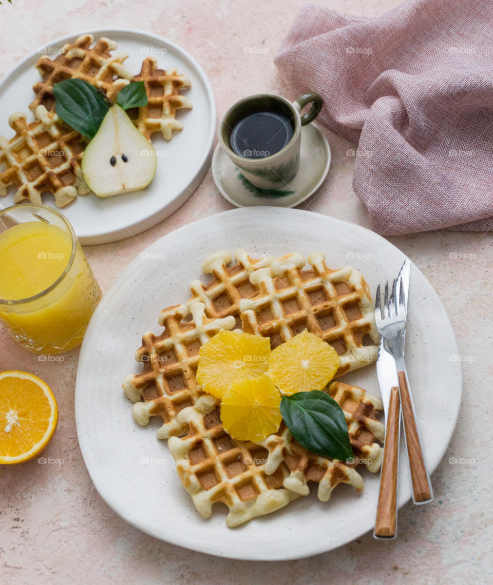 waffles with orange and coffee