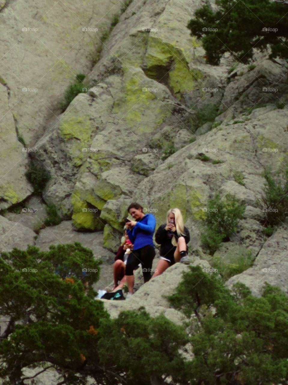 Checking phones. climb a mountain if that's what it takes to get signal!