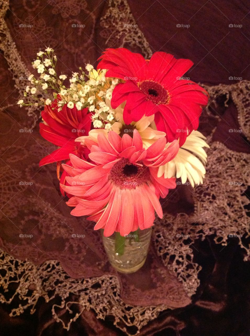 A vivid bouquet of gerbera daisies against a lacy background