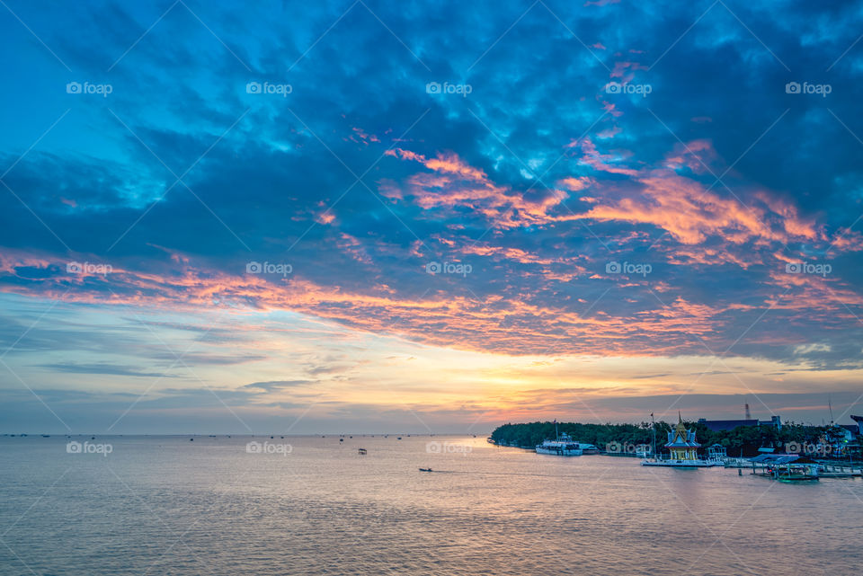 Beautiful dawn scene in BangTaBoon Bay Thailand