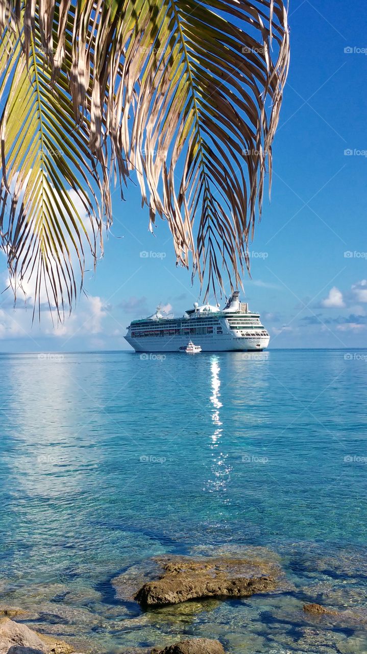 View of Royal Caribbean ship from private island coco cay in the Bahamas