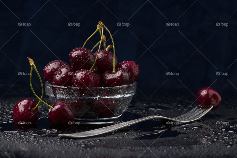 red ripe cherries close up view.  dessert concept