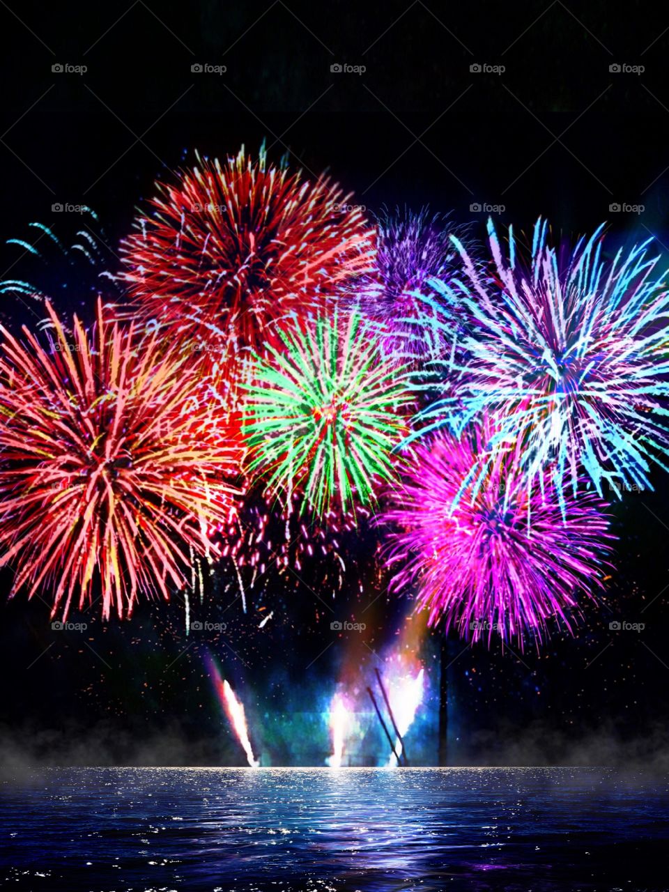 Dazzling multicolored fireworks lighting up the night sky.