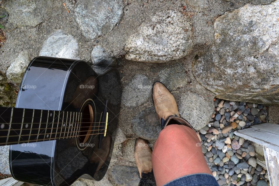 Cowgirl moments. Getting my cowgirl on, jean skirt, boots, and my favourite guitar