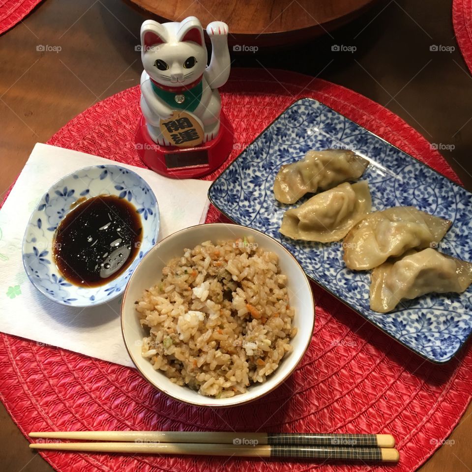 Homemade fried rice and gyoza