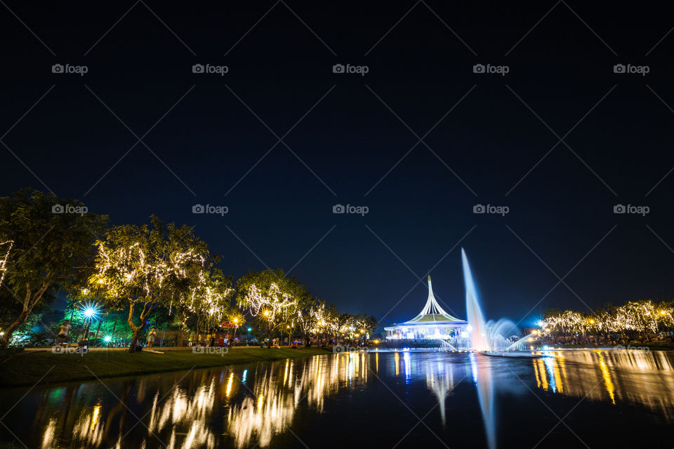 King rama 9 park with light and fountain at night