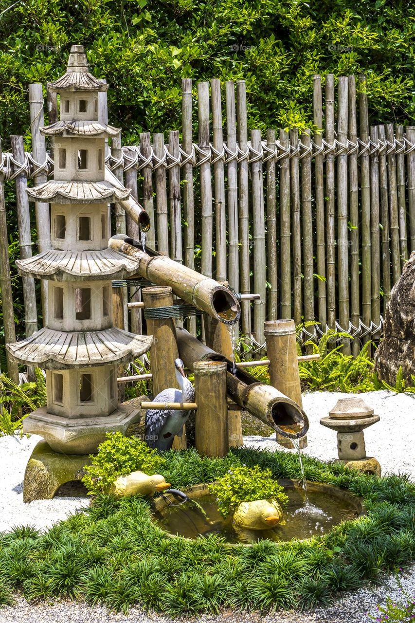 Pagoda stone and bamboo fountain