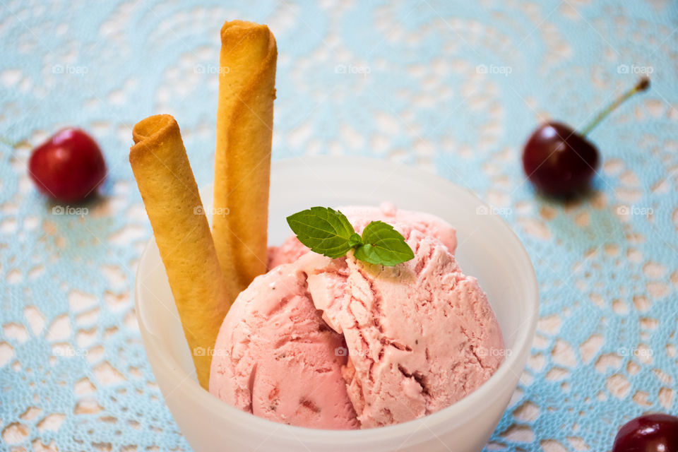 Cherry ice cream in bowl